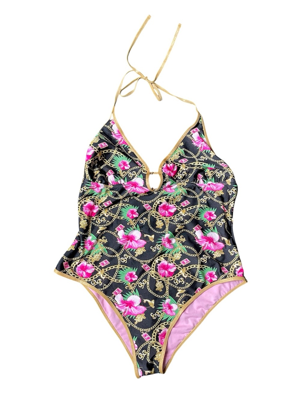 Baby Phat LuxBlack Floral One-Piece Swimsuit with Gold Trim Excellent Condition